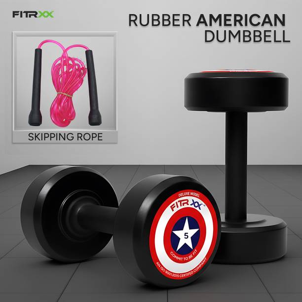 FITRXX 5 kg pair Round Shape Rubber Dumbbells set for men and women Weighted Skipping Rope