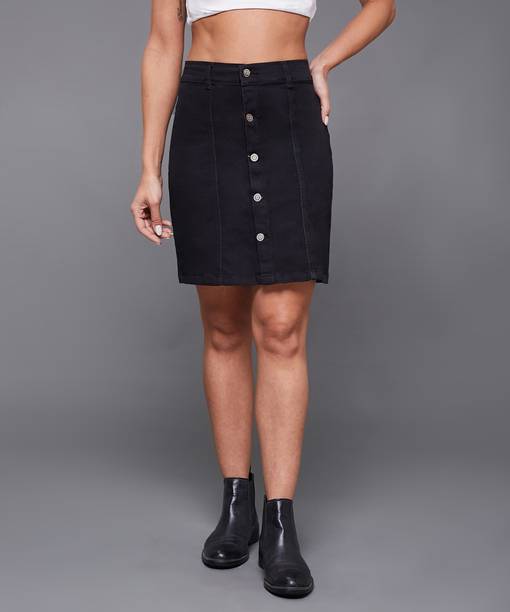 Women Solid Straight Black Skirt