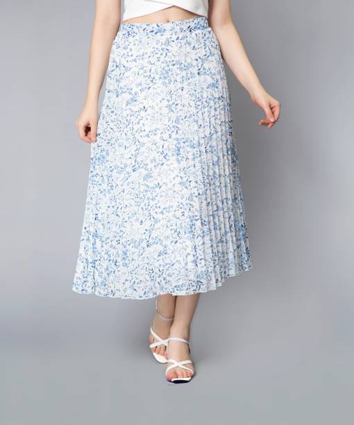 Women Printed Flared Light Blue Skirt