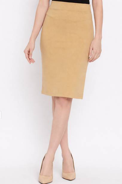 Women Solid Pencil Beige Skirt