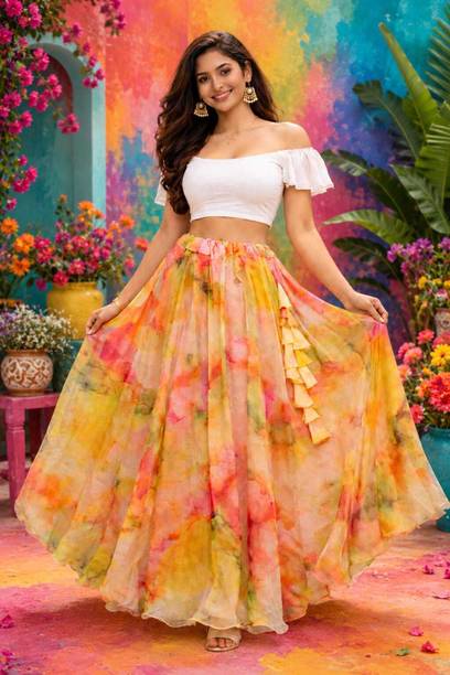 Women Floral Print Pleated Orange, Yellow Skirt