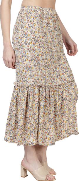 Women Floral Print Layered Beige Skirt