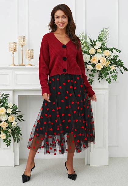 Women Self Design A-line Black, Red Skirt