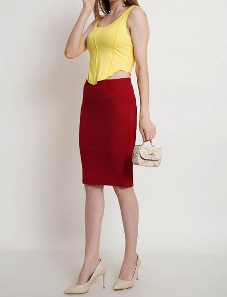 Women Solid Pencil Red Skirt