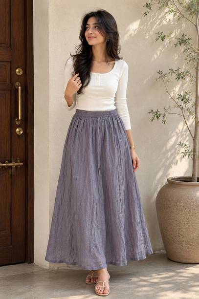 Women Solid Flared Grey Skirt