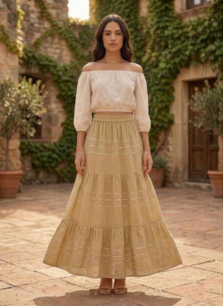 Women Striped Flared Beige Skirt