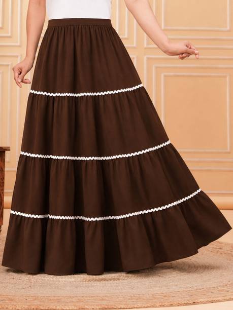 Women Self Design Tiered Brown Skirt