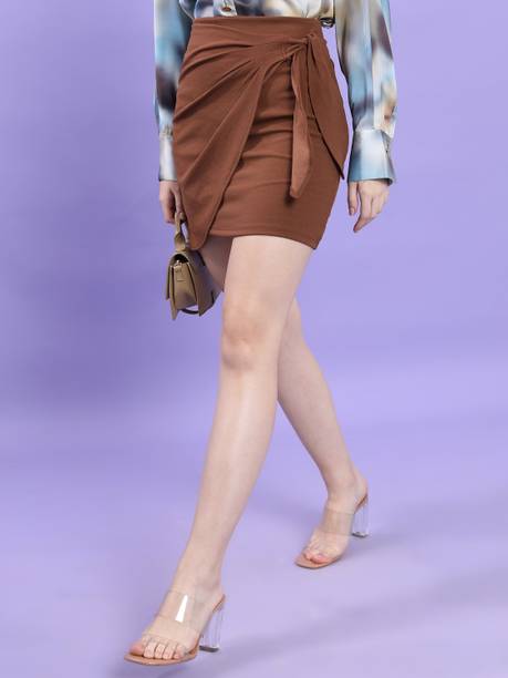 Women Solid Wrap Around Brown Skirt