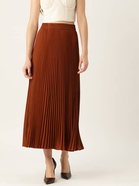 Women Striped Pleated Brown Skirt