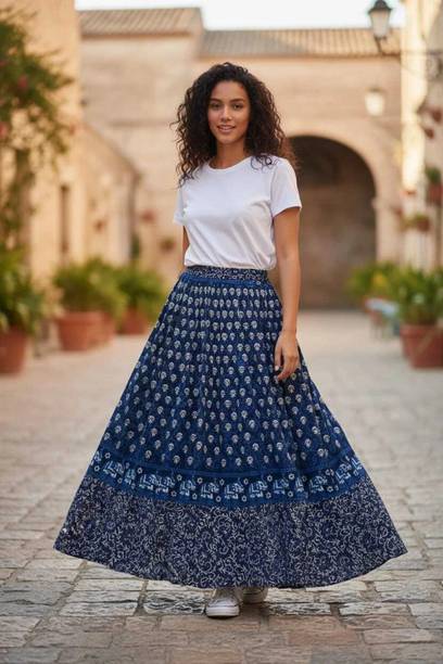 Women Printed A-line Blue Skirt