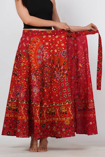 Women Printed Wrap Around Red Skirt
