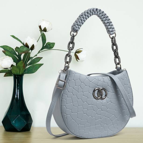 Grey Women Sling Bag Women Black Embossed Crescent Sling Bag – Designer Hobo Bag with Chain Handle