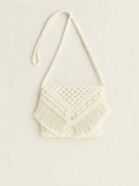 White Women Sling Bag Handcrafted Macramé Sling Bag with Fringes and Wooden Beads – Boho Style