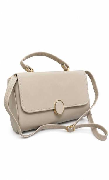 Beige Women Sling Bag White Handle