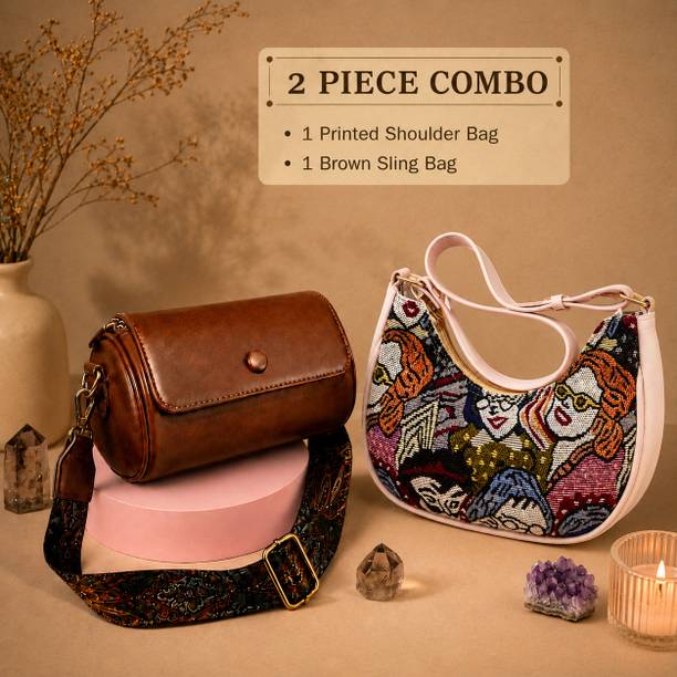 Brown, Multicolor Women Sling Bag combo dhol+print bow
