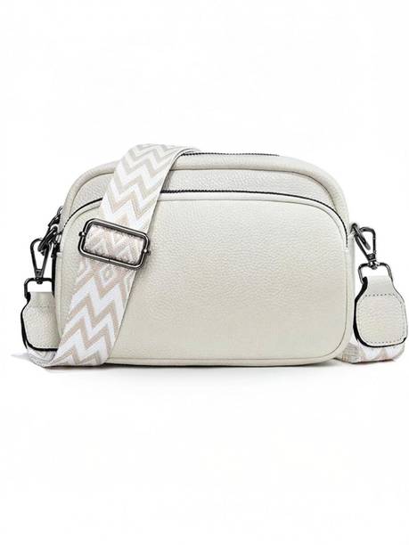 White Women Sling Bag Small Crossbody Bag with Wide Guitar Strap with back & front Zipper Pocket