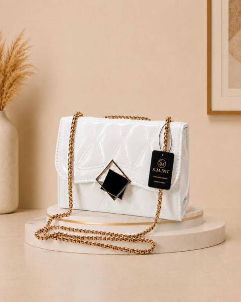 White Women Sling Bag Women Jelly Sling Bag | Glossy Crossbody Bag | Gold Chain Strap | Twist Lock