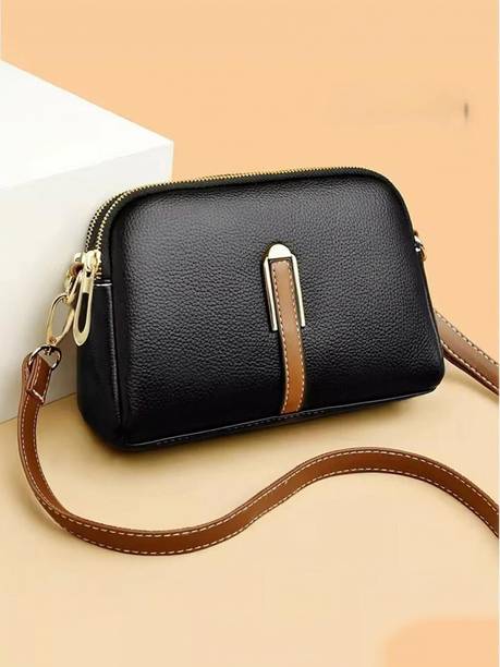 Black Women Sling Bag The LuxeGrain Adjustable Sling - Premium PU Leather with Dual Zipper Compartment