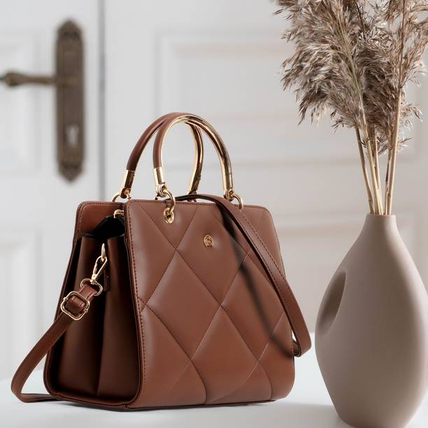 Brown Women Sling Bag Women’s Quilted Handbag with Metal Handle & Detachable Sling Strap