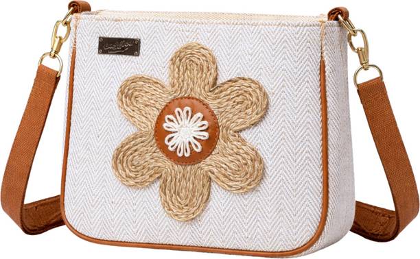 White Women Sling Bag Handcrafted jute flower crossbody sling