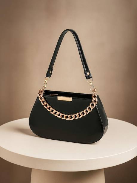 Black Women Sling Bag Trendy Women PU Leather Shoulder Bag with Golden Chain Handle