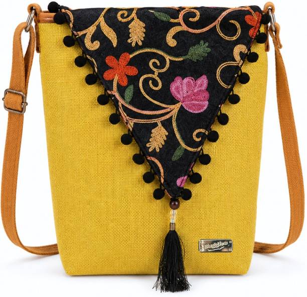 Yellow Women Sling Bag Handicraft Work yellow jute sling bag