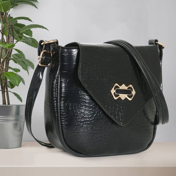 Black Women Sling Bag Women Black Croc Texture Saddle Sling Bag – Designer Crossbody Bag