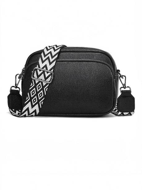 Black Women Sling Bag Small Crossbody with Wide Guitar Strap with back & front Zipper Pocket