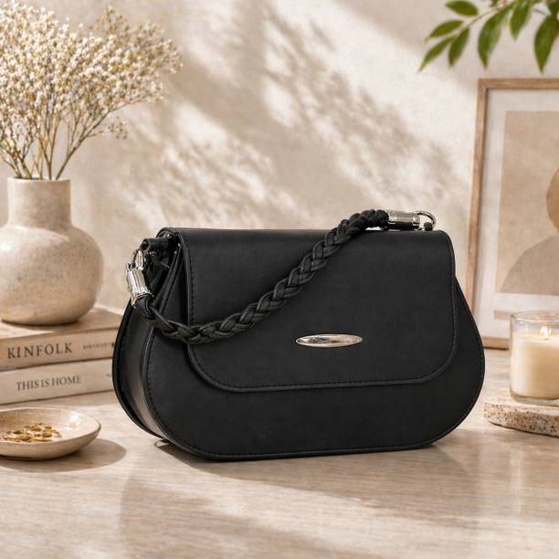 Black Women Sling Bag Women Solid PU Leather Sling Bag with Braided Handle Stylish Casual Sling Bag