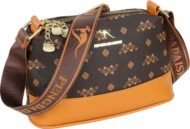 Brown Women Sling Bag Designer Shoulder Bag with Branded Strap & Gold Hardware