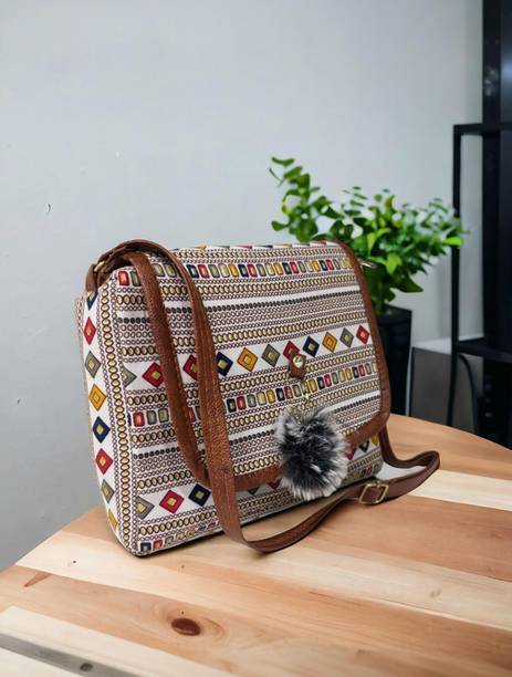 White, Brown Women Sling Bag Imported Fabric Vegan Leather Fashion Bags