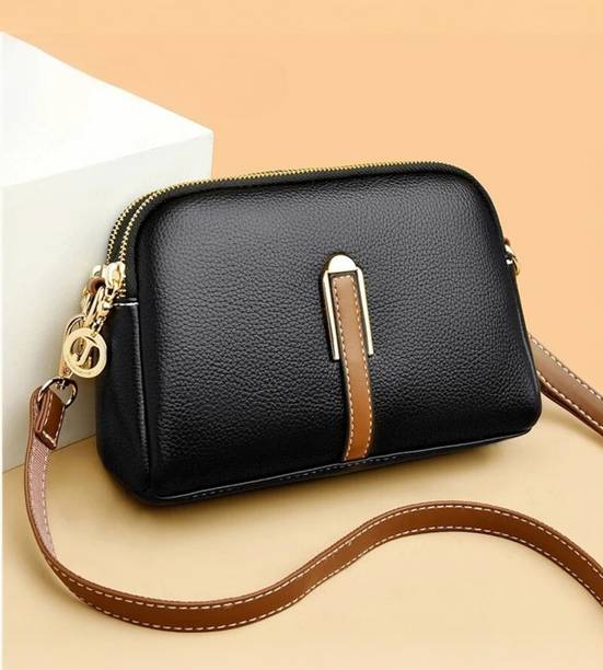 Black Women Sling Bag Premium PU Leather Dual Zip Sling Bag