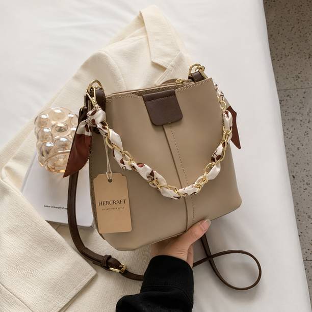 Beige Women Sling Bag Women PU Leather Sling Bag with Chain Handle & Scarf | Crossbody Handbag