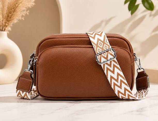 Tan Women Sling Bag Women PU Leather Sling Bag with Printed Strap | Crossbody Shoulder Bag