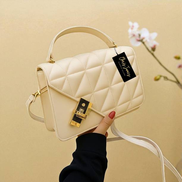 clarisjames Beige Girls Sling Bag Aesthetic twist lock cream slingbag for beautiful women & Girls