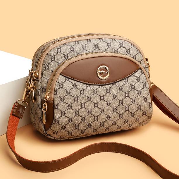 Beige Women Sling Bag Trendy Premium Luxury Multi-Pockets Beige Monogram Print