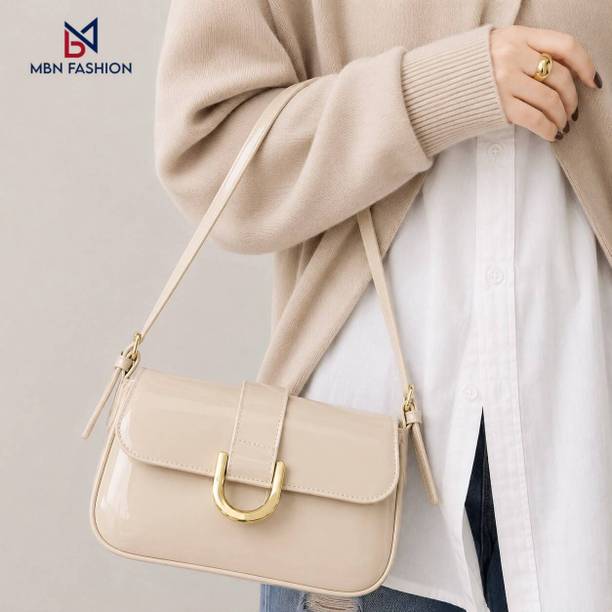 Beige Women Sling Bag Korean Glossy Flap Sling Bag
