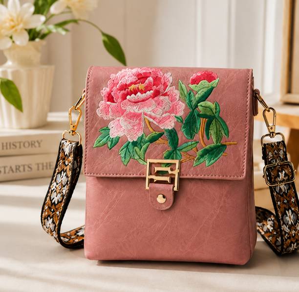 Pink Women Sling Bag Women's Floral Embroidered PU Leather Sling Bag with Adjustable Strap