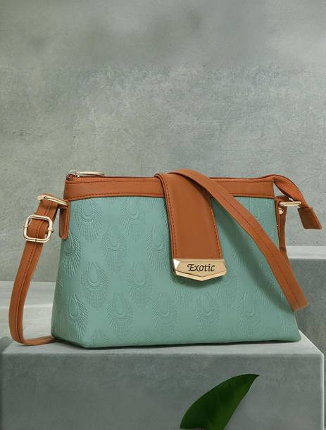 Tan, Green Women Sling Bag Embossed SlingBag