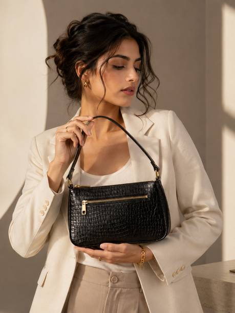 Black Women Shoulder Bag Black Croc Embossed shoulder BAG-handmade leather purse, Elegant women's Handbag