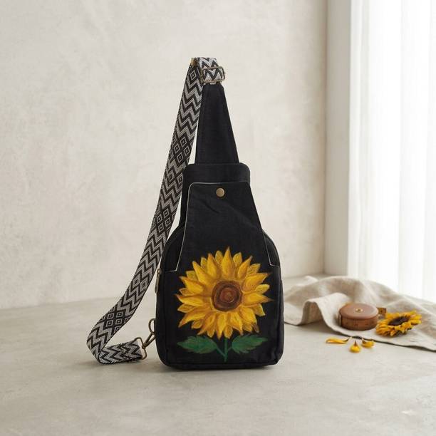 GARDECO Black Sling Bag /Cross Body Hand Painted Sunflower Design