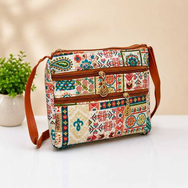 Beige Women Sling Bag Women's Printed Sling Bag | 3 Zip Compartments | Adjustable Shoulder Strap