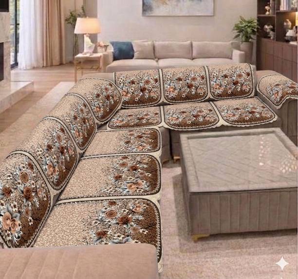 MAHADEV HANDLOOM Velvet 3+3 Seater L-Shape Sofa Floral Cover