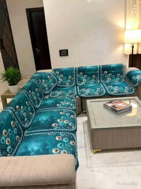 LUXURY CRAFT Velvet 3+3 Seater L-Shape Sofa Floral Cover