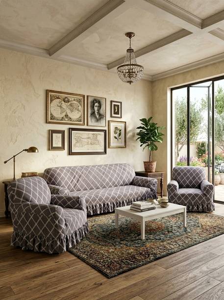 NK SMART ONLINE Polyester 3+1+1 Seater Sofa Geometric Cover
