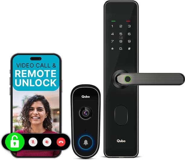 Qubo Select Lock Black + Video Doorbell Combo|Remote Unlock via Video Call Screen|2-Way Talk|AI Alerts Smart Door Lock
