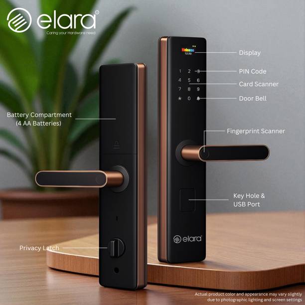Elara Echo Edge Smart Lock with Fingerprint Scanner, RFID Card Reader, PIN Code, Anti-Theft Alerts, Wi-Fi, OTP 2-Year Warranty, Black, Smart Door Lock