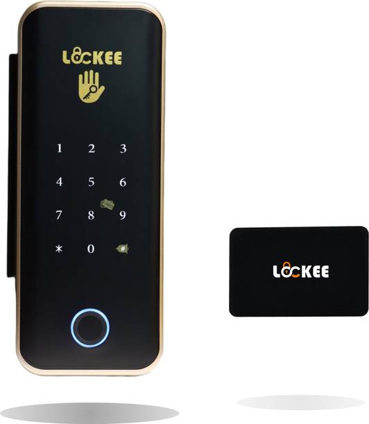 Lockee Crystal Guard | Smart Glass Door Lock | 5-in-1 Unlock Fingerprint IC Card Password App Mechanical Key | Remote Control | Aluminum/Glass/Frameless Doors | ( 1 Black NFC Card ) Smart Door Lock
