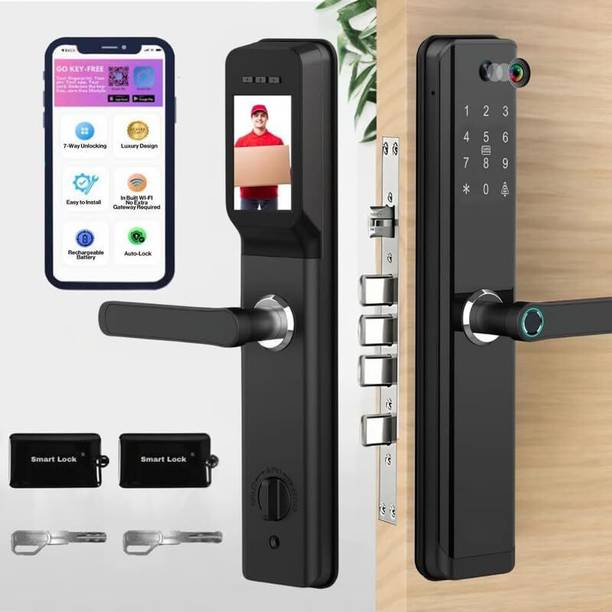 GOLENS X89N BLACK Smart Door Lock with Camera | BT+WiFi | 7 Ways Unlocking | Including Fingerprint | Pincode |RFID Card | Mobile App | Mechanical Key | Fingerprint, Smart Door Lock