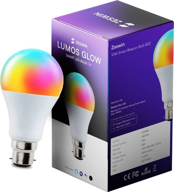Zeswin 10W Lumos Glow Smart LED Bulb| Bluetooth & Wi-Fi | 16 Million Colours Smart Bulb